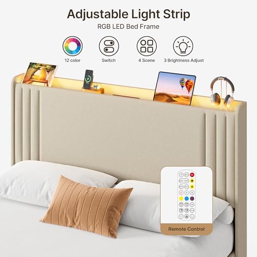 Gizoon Queen Bed Frame with Charging Station and LED Lights
