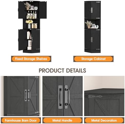 Vabches 64.8" Tall Farmhouse Corner Cabinet with 4 Doors and 5 Storage Shelves, Farmhouse Storage Cabinet with Barn Door Design, Home Space Saver for Living Room, Kitchen, Laundry Room,Black
