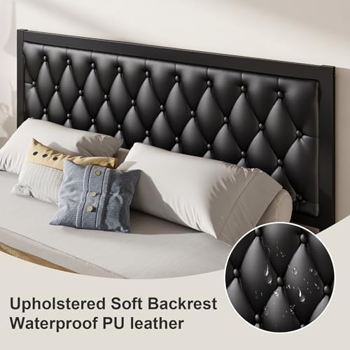 Fluest King Bed Frame with Headboard PU Leather Upholstered Bed Frame Platform,All Metal Slats Support Platform Bed Frame with Storage Space,Easy Assembly,Noise Free,No Box Spring Needed,Black