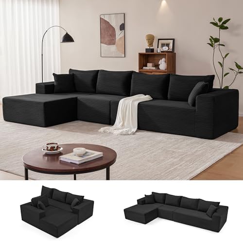 Mangodan 140” Cloud Sectional Couch, Modular Sectional Sofa with Deep Seat, Boneless Sofa for Living Room, Fluffy Comfy L-Shaped Couch with Left Facing Chaise, No Assembly Required, Black