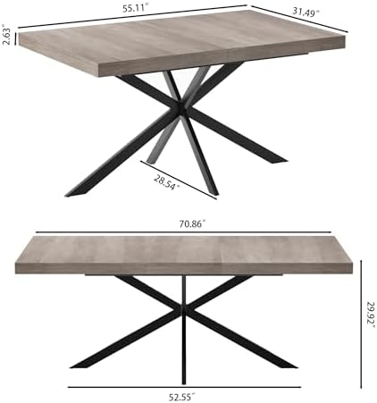 Extendable Dining Table for 4-6 People, 55" to 71" Expandable Table with Hidden Storage Drawer and Black Metal Base, Modern Rectangular Kitchen Dining Table, Grey