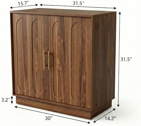 holzart 31.5" Modern Farmhouse Storage Cabinet, Rustic Brown 2 Door Sideboard Buffet with Gold Handles, Fluted Wood Accent Credenza for Entryway, Living Room, Coffee Bar, Home Office