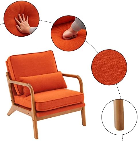 Bonnlo Linen Burnt Orange Mid Century Modern Accent Chair, Soild Wood Padding Lounge Armchairs Side Sitting Chairs for Living Room, Bedroom, Guest Room
