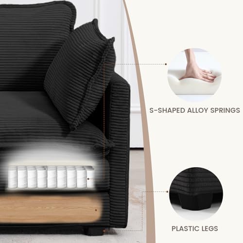 ROWHY 78'' Sectional 2 Seat Cloud Loveseat with 2 Throw Pillows, Modern Corduroy Love Seat, Cozy Sofa for Living Room, Office and Bedroom,Black