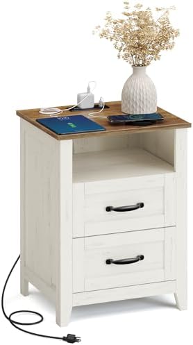 VASAGLE Farmhouse Nightstand with Charging Station, 2 Drawers