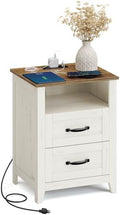 VASAGLE Farmhouse Nightstand with Charging Station, 2 Drawers