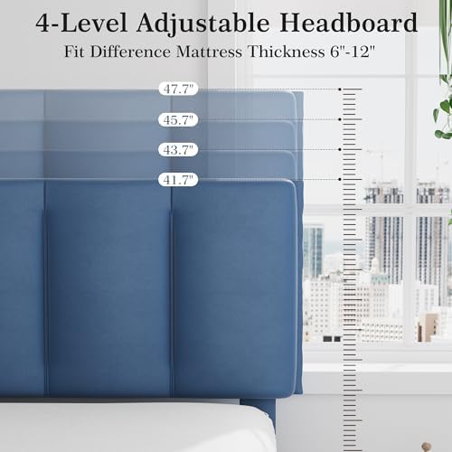 VECELO Twin Size Bed Frame with Upholstered Headboard, Dark Blue