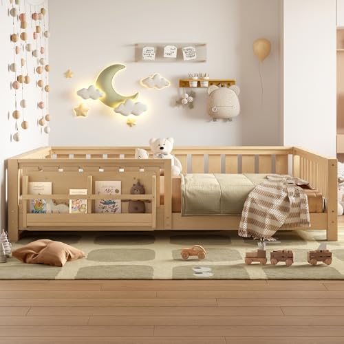 Bellemave Queen Size Floor Bed with Slats and Safety Guardrail, Queen Size Montessori Floor Bed with Fence and Built-in Bookshelf, Easy Assemble Montessori Beds for Girls, Boys, Light Natural