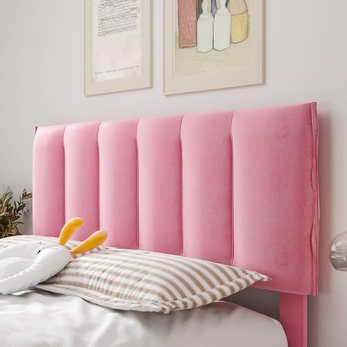 VECELO Queen Upholstered Bed Frame with 4 Storage Drawers and Adjustable Velvet Headboard, Heavy-Duty Platform bedframe, No Box Spring Needed, Pink