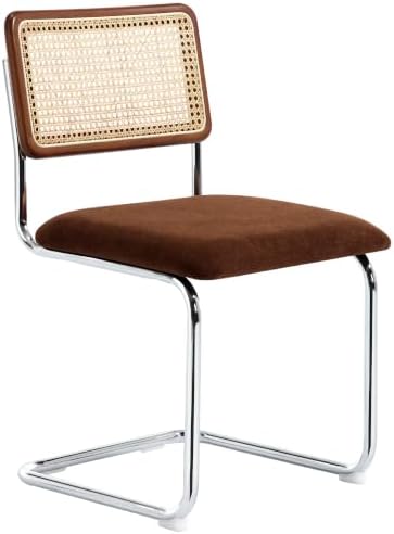 Zesthouse Rattan Dining Chairs Set of 2, Mid Century Modern Dining Room Chairs with Natural Cane Mesh & Chrome Base, Brown Cesca Chair for Kitchen, Breuer Design Inspired, Upholstered Chenille Fabric