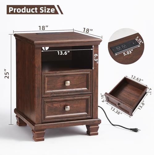 SAVOR LIFE Farmhouse Nightstand Set of 2 with Charging Station, Walnut