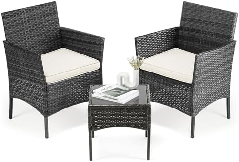 DUMOS 3 Piece Patio Furniture Set, Outdoor Wicker Bistro Set, Black
