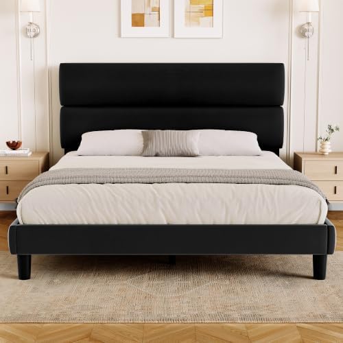 GRUSIGN Queen Size Platform Bed Frame with Velvet Headboard, Adjustable Height Wooden Slats Support, Upholstered Mattress Foundation, Fits Mattress or Mattress with Box Spring, Easy Assembly, Black