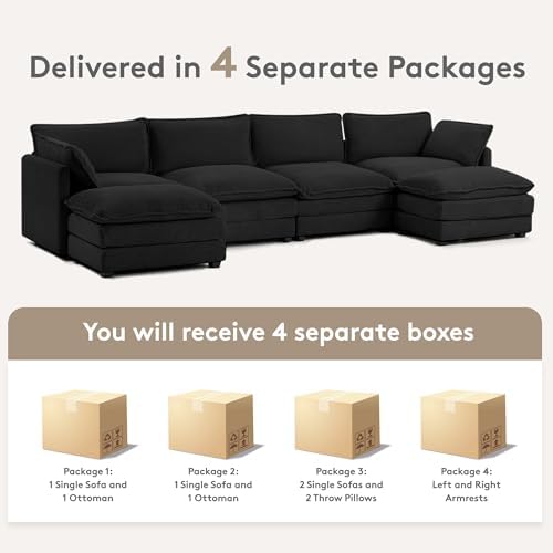 ROWHY 148'' Modular Sectional Cloud Couch with 2 Movable Ottomans, Oversized 6 Seat Modern Corduroy Sofas, Deep Seat U Shaped Couch for Living Room Bedroom Apartment,Black