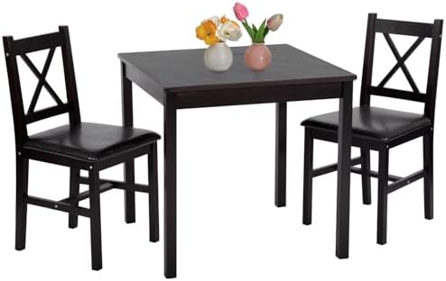 FDW | 3-Piece Solid Pine Wood Dining Table | Dark Brown | Kitchen Table
