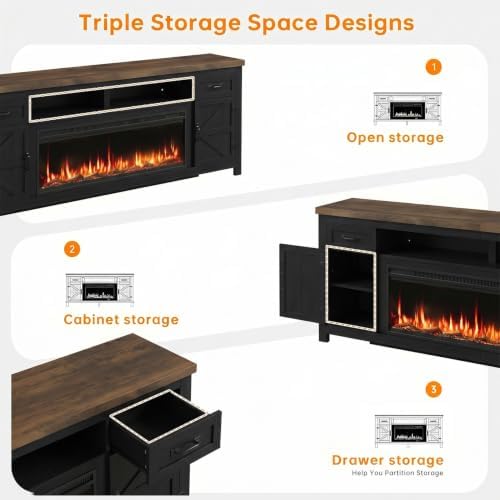 Fireplace TV Stand with Barn Door, 95 inch, Modern Black