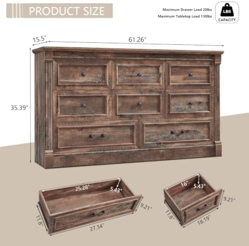 Aitjunz Farmhouse 61" Wide 8 Drawers Dresser for Bedroom, Light Brown