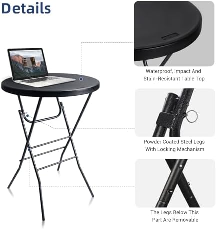 Byliable 28in Folding Cocktail Table, Round Bar Height Table, Black 2-Pack