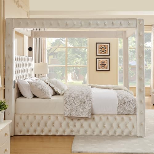 LUMISOL Canopy Bed Frame Queen Size, Velvet Upholstered Platform Bed with Button Tufted Headboard, Four Posters, Built-in Speaker and Charging Station, Heavy Duty Mattress Foundation, Beige
