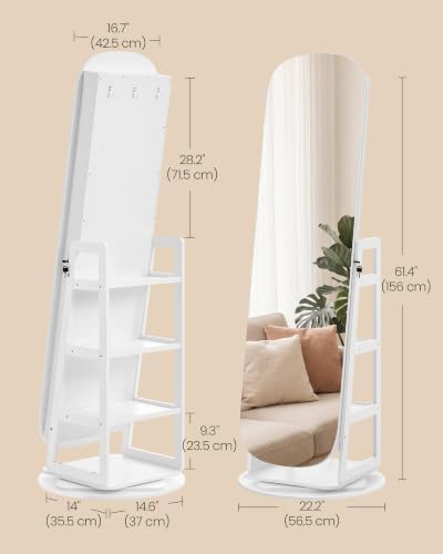 SONGMICS HOME 360° Swivel Jewelry Cabinet Standing, Mirror with Storage | Lockable Jewelry Armoire with Vanity and Rear Shelves, Full Length Floor Mirror with Storage, Cloud White UJJC036W01SH