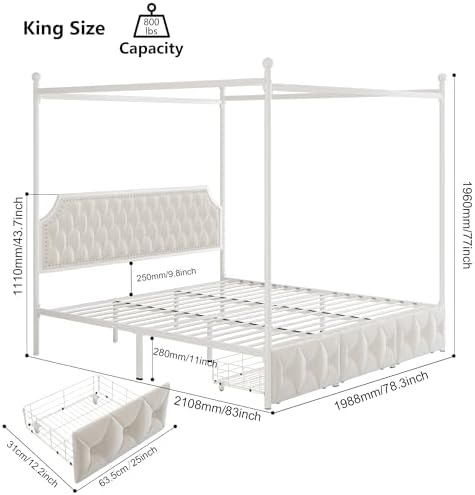 Keyluv King Upholstered Canopy Bed Frame with 3 Storage Drawers & Button Tufted Headboard, Metal Platform Bed with 4 Removable Posts, Two-Purpose Velvet Bed, Beige/Curtain Not Included