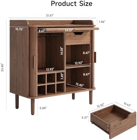 ONBRILL Fluted Bar Cabinet with Storgae, Wine Cabinet, 33" H, Walnut