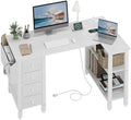 Lufeiya White L Shaped Computer Desk with Drawers & Storage Shelves, 47 Inch Corner Reversible Desk with Power Outlet for Home Office Bedroom, L-Shaped Teen PC Desks with Fabric Drawer, White