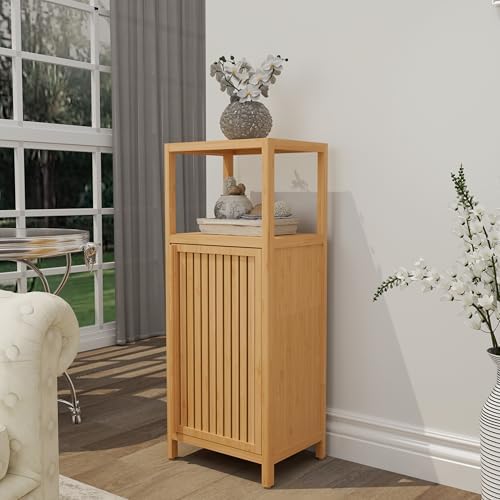 41" Tall Bamboo Storage Cabinet, Slim Freestanding Floor Organizer with Single Door & Open Shelf, Narrow Linen Tower for Bathroom, Bedroom, Kitchen, Laundry Room, Pantry, Small Space Storage Solution