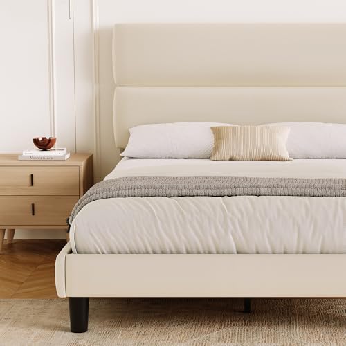 GRUSIGN Queen Size Platform Bed Frame with Velvet Headboard, Adjustable Height Wooden Slats Support, Upholstered Mattress Foundation, Fits Mattress or Mattress with Box Spring, Easy Assembly, Beige