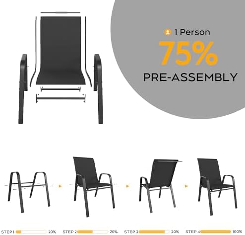 Black Patio Chairs Set of 4, Stackable Outdoor Dining Chairs for All Weather Textilene Fabric & Metal Frame, Outdoor Chairs Set for Backyard Deck Garden