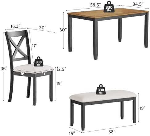 Zevemomo 6-Piece Solid Wood Dining Table Set, Farmhouse Wooden Legs, Black