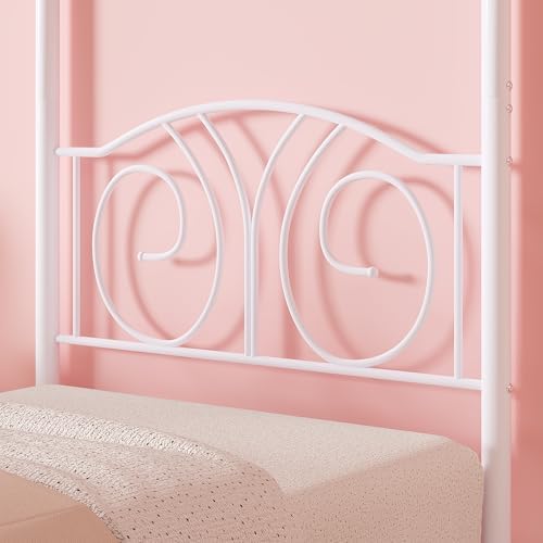 VECELO Twin Canopy Bed Frame, Vintage Scrollwork Headboard, Pure White