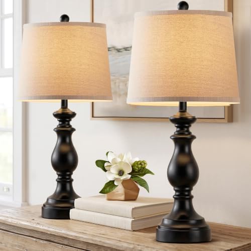 PARTPHONER Traditional Table Lamp Set of 2, Rustic Farmhouse Table Lamps for Living Room Bedroom, 27" Bedside Desk Lamps Vintage Nightstand Lamps with Linen Shades, Matte Black