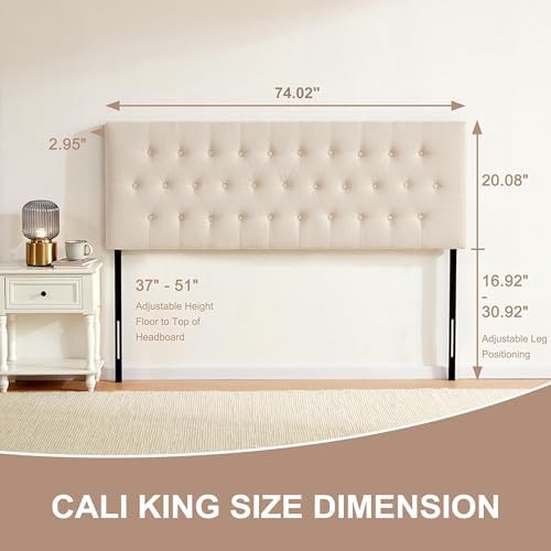 Upholstered Headboard California King, Adjustable Height 37''- 51'', Beige