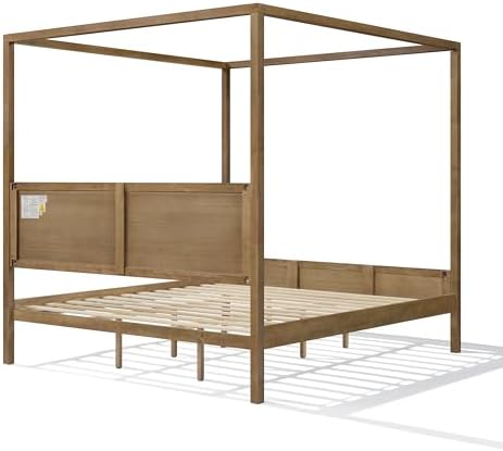 Merax King Canopy Bed Frame with Headboard & 4 Posters, Antique Natural