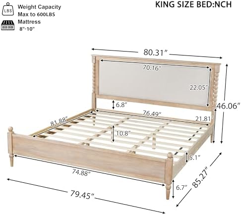 Merax King Size Solid Wood Platform Bed Frame, Upholstered Headboard & Classic Spindle & with Fabric Panel, No Box Spring Needed, 500 lbs Capacity Timeless Traditional for Bedroom, Natural