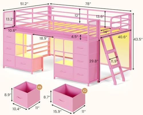 BTHFST Low Bunk Bed Twin Over Twin with 8 Fabric Drawers & Bookshelf, Pink