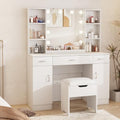 Halitaa Makeup Vanity Desk with Lighted Mirror, White Vanity Set Makeup Table with 3 Drawers, 2 Cabinets and Storage Stool, Large Vanity 45inch, White