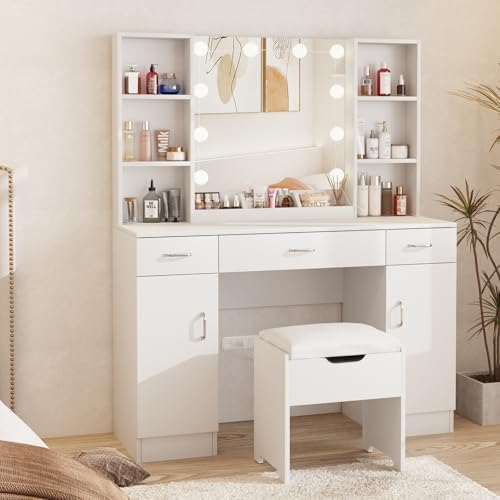Halitaa Makeup Vanity Desk with Lighted Mirror, White Vanity Set Makeup Table with 3 Drawers, 2 Cabinets and Storage Stool, Large Vanity 45inch, White