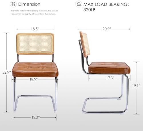 Zesthouse Natural Rattan Dining Chairs Set of 4, Mid Century Modern Dining Room Chairs with Chrome Leg, Faux Leather Kitchen Chair with Solid Wood Back & Cane Mesh, Breuer Cesca Design Inspired, Brown