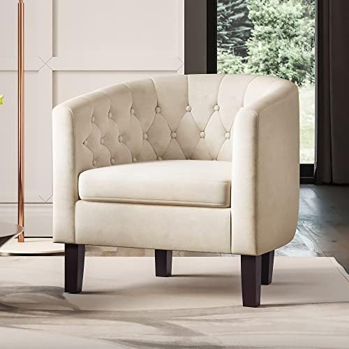 BELLEZE Accent Barrel Arm Chair, Modern Comfy Upholstered Tufted Club Chair with Sturdy Legs and Linen Fabric for Bedroom Living Room - White