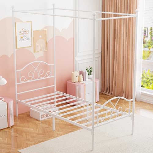 Twin Princess Canopy Bed Frame with 4 Posters, Twin Size Bed for Kids Girls