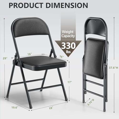 Folding Chairs 6 Pack, PU Leather Padded Folding Chairs for Outside and Indoor, Heavy Duty Portable Foldable Metal Commercial Seat for Home Office, Dorm, Party, Backyard, Lawn, Patio, Black