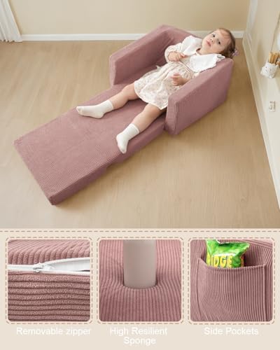 2-in-1 Kids Chair and Couch, Cozy Corduroy Kids Sofa, Pink