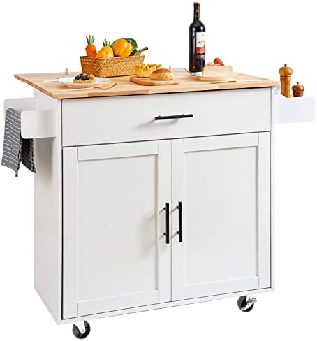 VEVOR Kitchen Island Cart with Solid Wood Top, 35.4" Width Mobile Carts with Storage Cabinet, Rolling Kitchen Table with Spice Rack, Towel Rack, Drop Leaf and Drawer, Portable Islands on Wheels, White