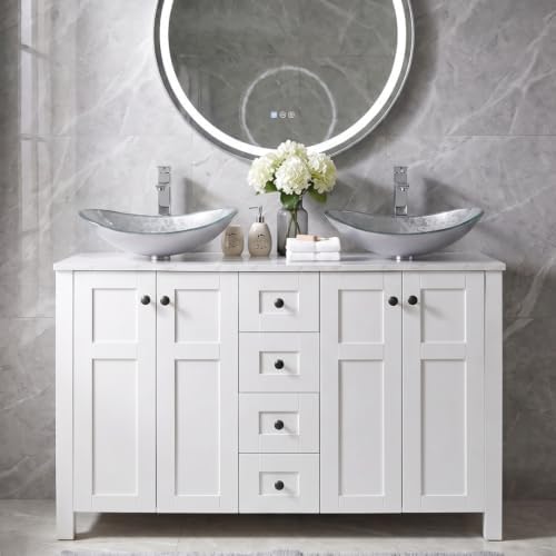 48" Bathroom Vanity with Sink, White Modern Freestanding Bathroom Vanity Cabinet with Marble Texture Top and 4 Drawers, Two Boat Silver Glass Vessel Sinks