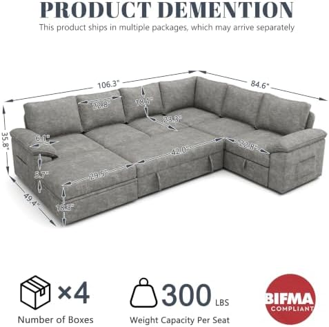 106'' Sleeper Sofa with Pull Out Bed, Modular Sectional Sofa , LightGray