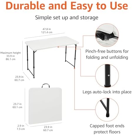 Amazon Basics Portable 4 Foot Rectangular Folding Dining Table, 4 Adjustable Height Settings, Carrying Handle, Indoor & Outdoor, Sturdy for Events, White, 47.8 x 23.9 x 33.9 in