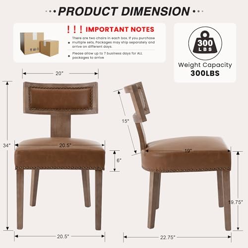 HNY Mid Century Modern Dining Chairs Set of 2, Farmhouse PU Leather Upholstered Accent Chairs Curved Nailhead Trim Backrest Kitchen Chairs, with Hardwood Frame, Brown