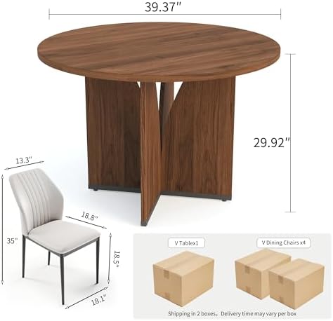 HIPIHOM Modern Round Dining Table Set for 2, 39.4" Walnut Kitchen Table with 2 PU Leather Chairs, 3-Piece Mid-Century Dining Room Set for Small Spaces, Pedestal Base & Ergonomic Padded Chairs